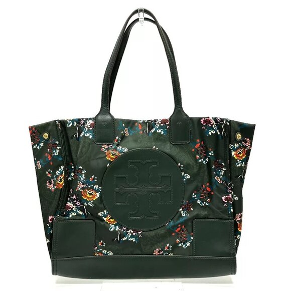 Tory Burch Logo floral pattern Bag Flower Paisley Tote Bag Leather / Nylon khaki - Picture 1 of 14